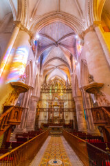 Fototapeta na wymiar Vertical view from the ground of the interior of the old religious cathedral of Cuenca, World Heritage City, Spain
