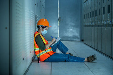 worker on a site. young engineer sitting recording list with  leaning against switch broad in...