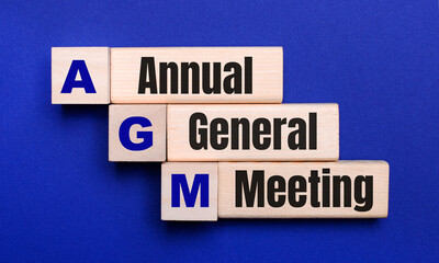 On a bright blue background, light wooden blocks and cubes with the text AGM Annual General Meeting.