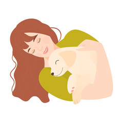 A cute girl with long hair sleeps hugging a cute puppy. Vector illustration. Love for pets.