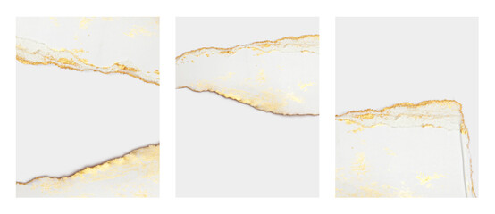 Torn piece of edge paper on white background. Gold and bronze color marble texture.