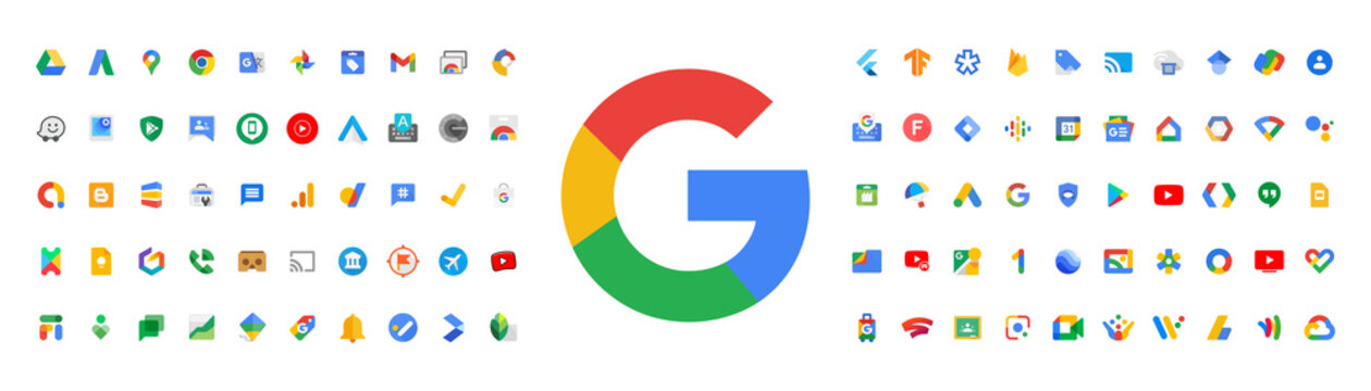 Google LLC. Official logotypes of Google Apps. Youtube Apps. Google Fi, Digital Wellbeing, Finance, Family Link, Shopping, Tasks, Alerts, Travel, Snapseed, Stadia etc. Kyiv, Ukraine - August 22, 2021