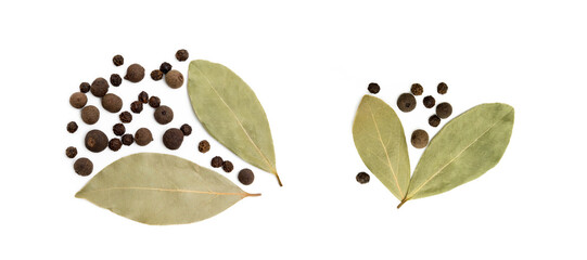 Bay leaf, allspice and pepper isolated on white background