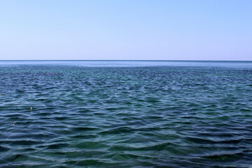 Obraz premium The calm sea stretches to the horizon with a cloudless sky.