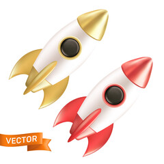 Set of flying rockets. 3D realistic vector illustration of a spaceship isolated on white background. Business startup launch concept. Will looks great for web design, presentation or business project
