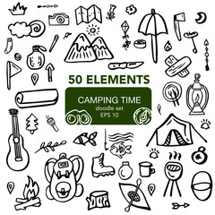 Hand drawn camping design elements isolated on white background. Black line sketch objects. Vector illustration.
