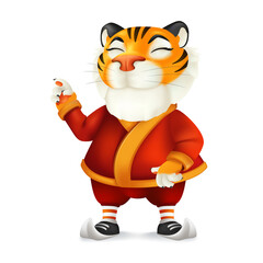 Cute and funny cartoon Tiger character in Santa's costume - symbol of the year by Chinese Eastern calendar. Vector illustration of a smiling mascot in Christmas clothes isolated on a white background