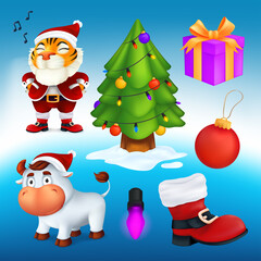 Vector set of cartoon Christmas characters and decoration elements: a tree, gift box, red boot, garland lamp, ball, Tiger in Santa's costume, white bull - a symbol of the year by Chinese calendar