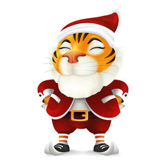 Cute and funny cartoon Tiger character in Santa's costume - symbol of the year by Chinese Eastern calendar. Vector illustration of a smiling mascot in Christmas clothes isolated on a white background