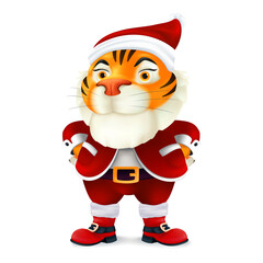 Cute and funny cartoon Tiger character in Santa's costume - symbol of the year by Chinese Eastern calendar. Vector illustration of a smiling mascot in Christmas clothes isolated on a white background