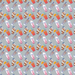 Cocktail pattern background with elements - glass, cream, ice, orange slice, marmalade, heart. Pattern design for textile, texture, fabric. Flat vector illustration.