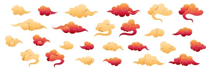 Fototapeta premium Chinese clouds collection. Red and gold clouds in oriental style. Design japanese elements set. Asian traditional cloudy ornaments. Decorative sky on isolated white background. Vector illustration.