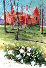 Watercolot illustration of a big red house on the background, high trees on the middle ground and white flowers on the foreground