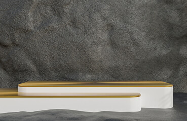 White and Gold podium for product presentation on stone wall background luxury style.,3d model and illustration.