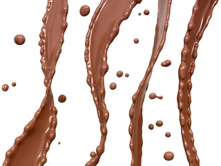 Sweet flowing liquid food with splashes and drops chocolate abstract background, isolated 3d rendering