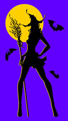 Vector rectangle halloween  illustration. Black silhouettes : pretty young witch with hat and broom, flying bats on dark violet background with full yellow moon. Stories wallparer, card, poster.