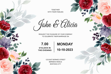 Wedding invitation card with rose flower watercolor