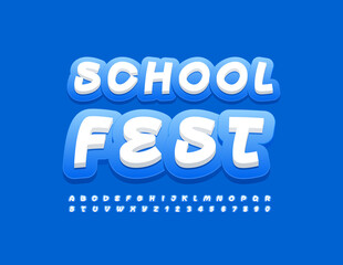 Vector event flyer School Fest. White and Blue Alphabet Letters and Numbers. Handwritten style Font
