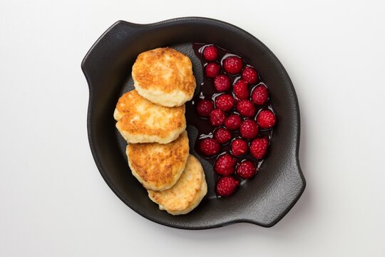 Top View Of Fried Homemade Syrniki With Fresh Raspberry On Black Plate On White Background