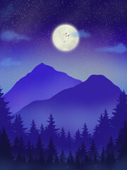Beautiful scenery blue mountain with moon
