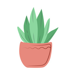 One vector homemade green plant in a pink pot in a doodle style, isolated on a white background