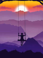 Sunset scenery with women swing