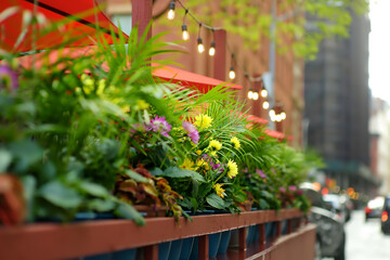 Street cafe in Manhattan. Outdoors restaurant under umbrellas is decorated with flowers, decorative plants and flashlights.
