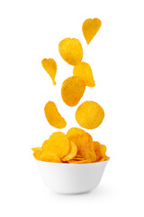 Bowl of potato chips and levitation potato chips isolated on white background