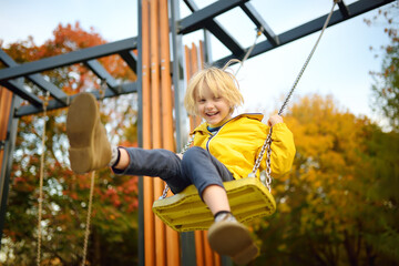 Little boy having fun on a swing on the playground in public park on autumn day. Happy child enjoy swinging. Active outdoors leisure for child - 452331945