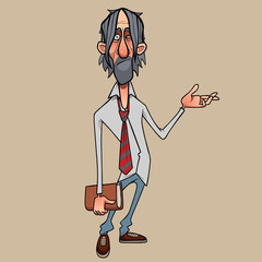 cartoon casually dressed man in a shirt with a tie in disbelief points his hand to the side