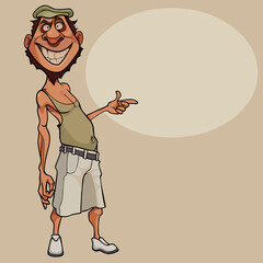 cartoon comic smiling man in summer clothes points finger at blank banner