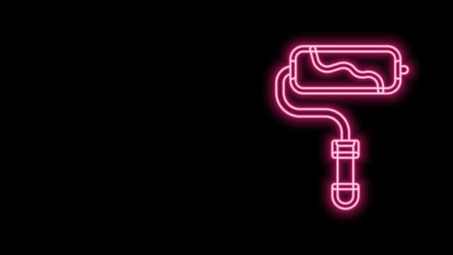 Glowing neon line Paint roller brush icon isolated on black background. 4K Video motion graphic animation