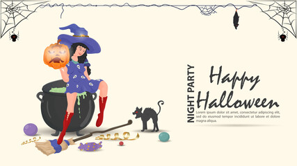 A witch on a cauldron with a potion and holding a pumpkin for the Halloween holiday flat illustration