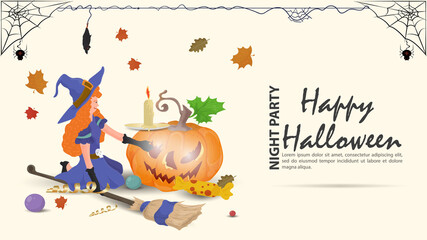 A witch puts a candle on a pumpkin for the Halloween holiday flat illustration