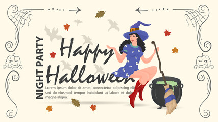 A witch sits on the inscription next to a potion for the Halloween holiday flat illustration