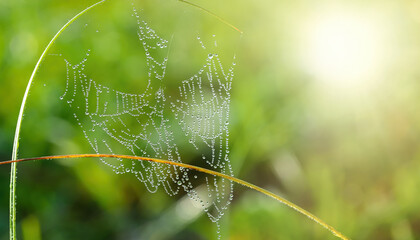 Cobweb or cobweb is a natural rain pattern. Spider web with a pattern of raindrops on a green background. Web web texture with morning rain bokeh. Partial blurring of the necklace lines with cobwebs.
