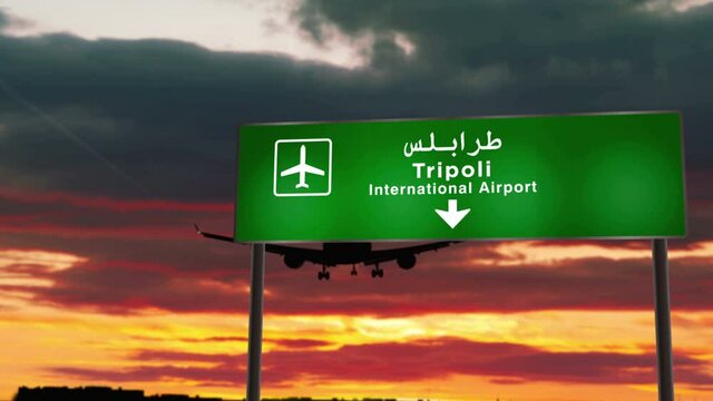 Airplane silhouette landing in Tripoli, Libya. City arrival with airport direction signboard and sunset in background. Travel, trip and transportation 3d concept.