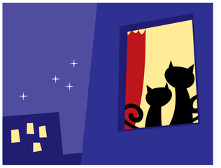 Cat's life. Two cats in the window. Night city. Comfortable housing. Vector image for prints, poster and illustrations.