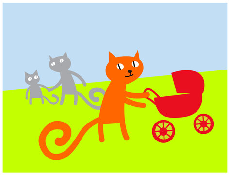 Cat's life. Red cat walks in the park with a stroller. Vector image for prints, poster and illustrations.