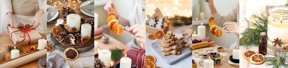 Zero waste, eco friendly christmas concept. Pack gifts in recyclable craft paper, decorate table with cone, dry orange, pine branch, ribbons. Cook gingerbread cookies. Create holiday atmosphere