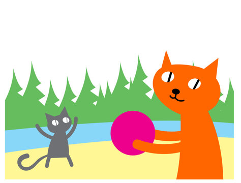 Cat's life. Red cat plays volleyball with a kitten by the river. Vector image for prints, poster and illustrations.