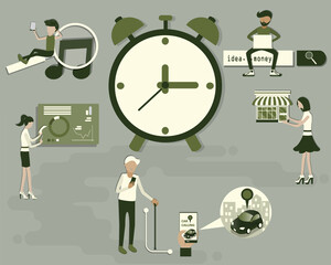 Flat design of digital lifestyle concept,Many person sitting around the huge analog clock - vector