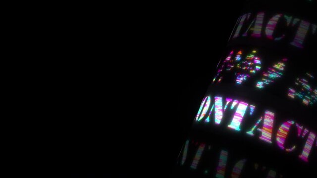 CONTACT US  colorful glitch text effect 3D tube animation loop with flicker light. 4K 3D seamless looping Contact Us kinetic cylinder glitch effect element for intro, title banner with blank copy spac