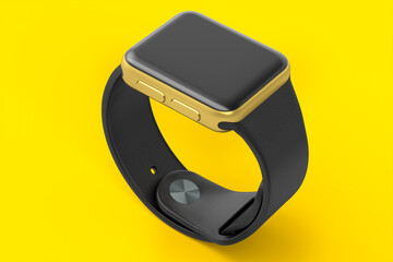 Stainless gold smart watch or fitness tracker isolated on yellow background.