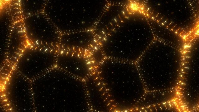 Seamless loop of glow gold hexagon pattern particles with swirl movement with gold particles on black background . Graphic motion overlay effect loop with galaxy sky twinkling light in the space anima