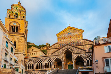Fototapeta na wymiar Amalfi, Italy - January 19, 2017: View of the St Andrews basilica in the historical district of the Amalfi, the UNESCO world heritage site