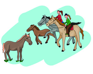 Colored vector illustration - girls and horses, horseriding time