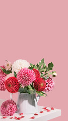 Autumn bouquet of beautiful dahlias flowers on white table, pink colors, isometric view. Vertical smartpone stories format