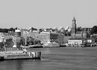 Fototapeta premium Helsingborg City Hall and the Harbour View from Ferry, Helsingborg, Sweden in Monochrome