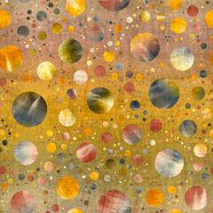 Seamless abstract circle geo pattern surface print. High quality illustration. Gorgeous design of random packed circles filled with tie dye patches. Psychedelic modern floor swatch. Textured material.